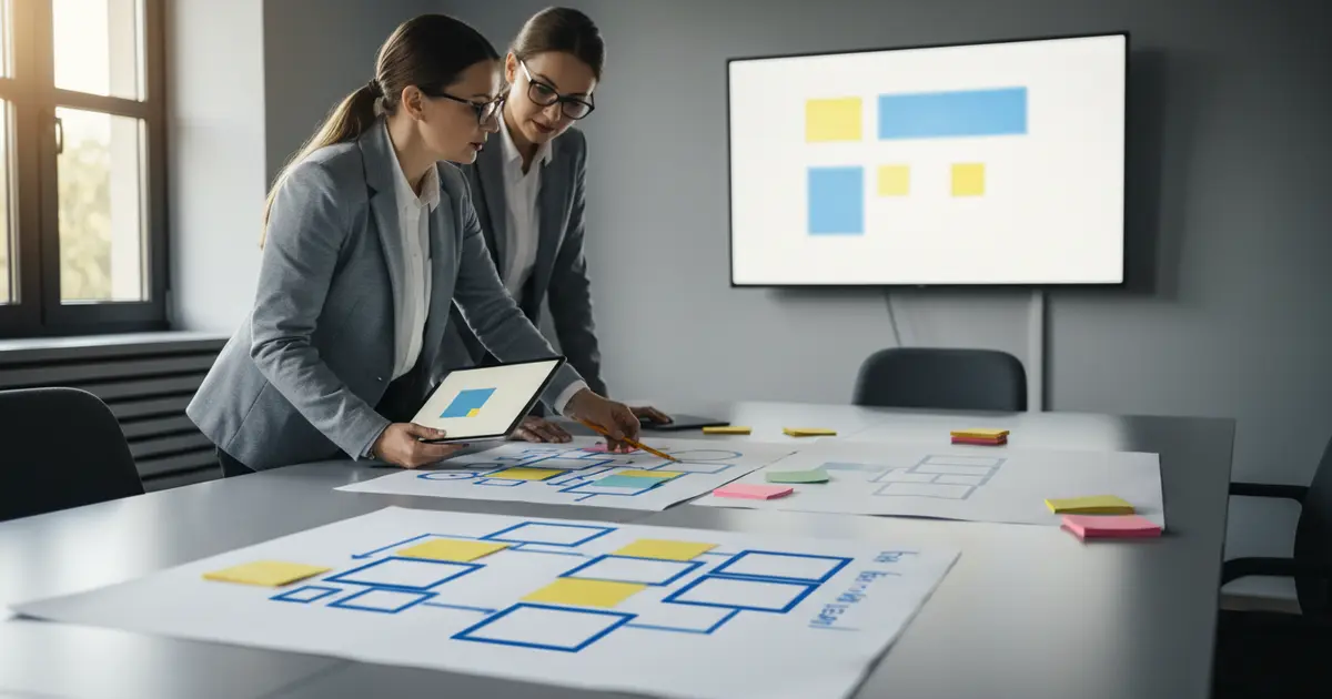 Dyrektorka i pracownik sekretariatu analizują checklistę strony szkoły na laptopie i smartfonie