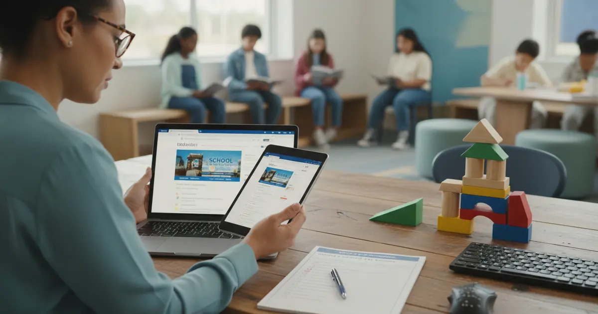 Specjalistka wykonuje audyt dostępności strony szkoły na laptopie i tablecie z checklistą WCAG